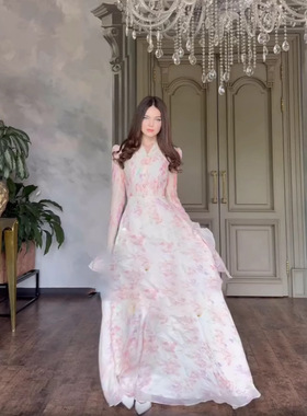 2025夏新款速卖通亚马逊跨境欧美设计高定外贸连衣裙长袖荷叶碎花