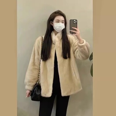 麂皮皮毛一体毛毛外套中古貂水貂绒大衣环保皮草高级显瘦宽松仿真