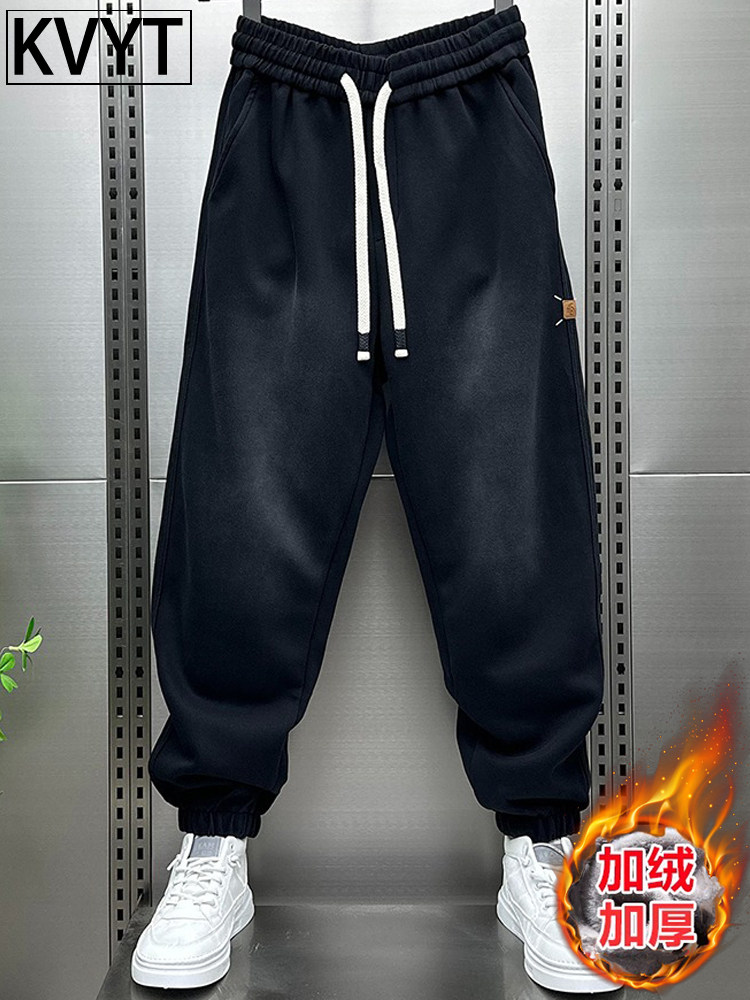 潮牌男士高级感阔腿裤秋冬季加绒卫裤2025新款痞帅宽松束脚裤男款