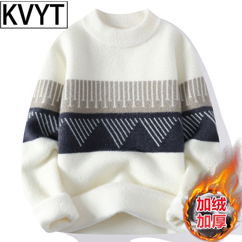 高端男士半高领内搭针织衫2025年冬季新款加厚一体绒保暖毛衣男款