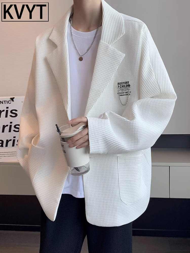 华夫格西服男款2025春秋高级感炸街上衣修身英伦男装休闲小西装潮