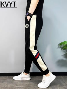 高端休闲男裤2025秋冬新款弹力条纹运动裤男士时尚小脚灯笼裤潮流