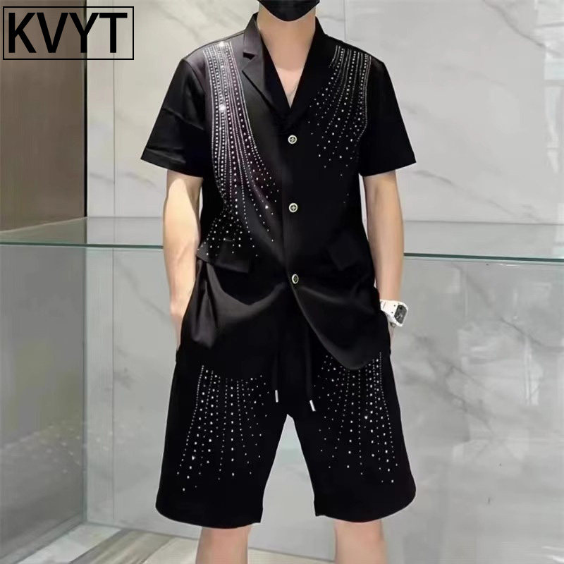 高端欧货满天星休闲套装男士夏季新款时尚短袖短裤穿搭西装两件套