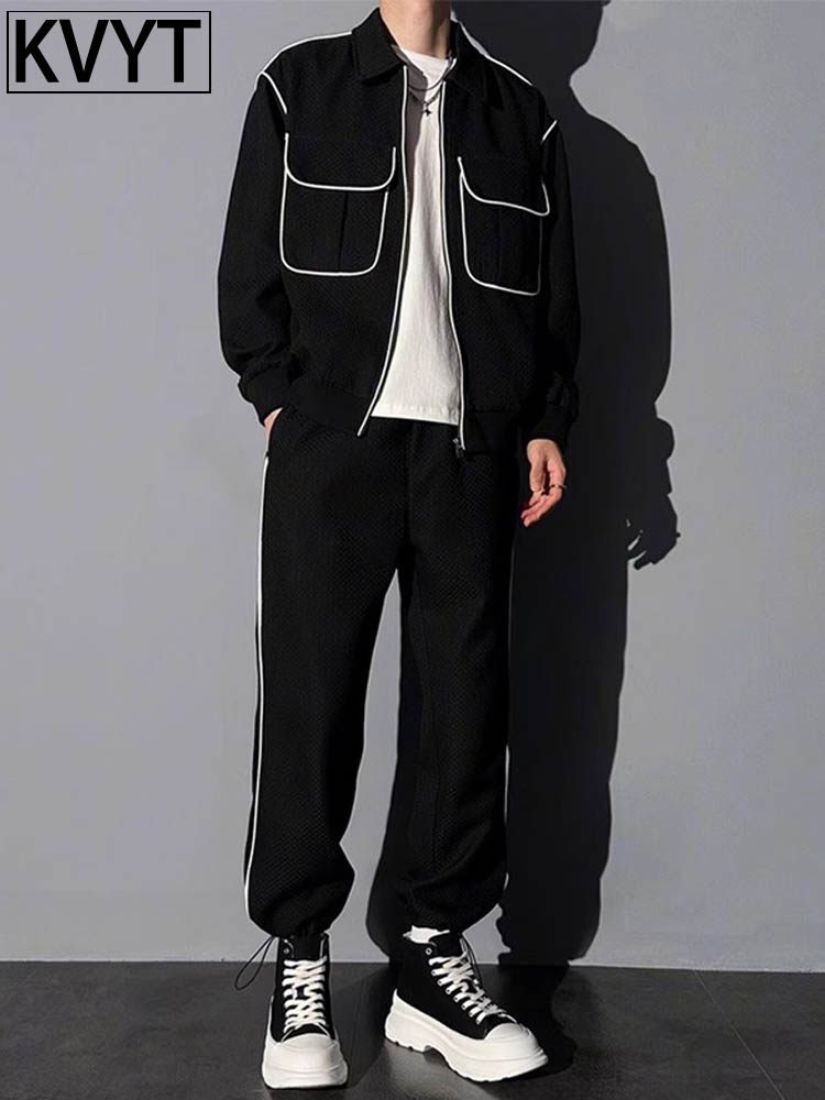 潮牌男士痞帅高级感套装翻领夹克春秋冬季穿搭韩系一整套休闲男装