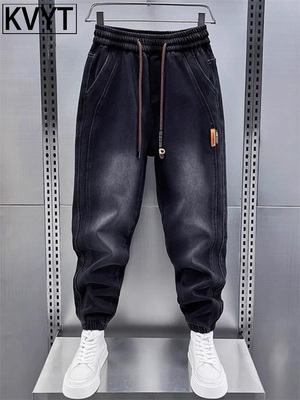 高端牛仔裤男士2025春秋季新款潮牌男裤子加厚小脚裤男束脚哈伦裤