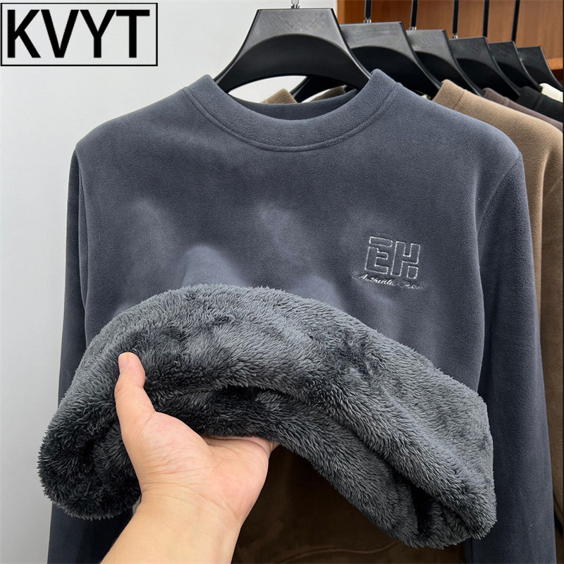 高级感男士一体绒卫衣冬季圆领上衣2026新款奥粒绒保暖男装打底衫