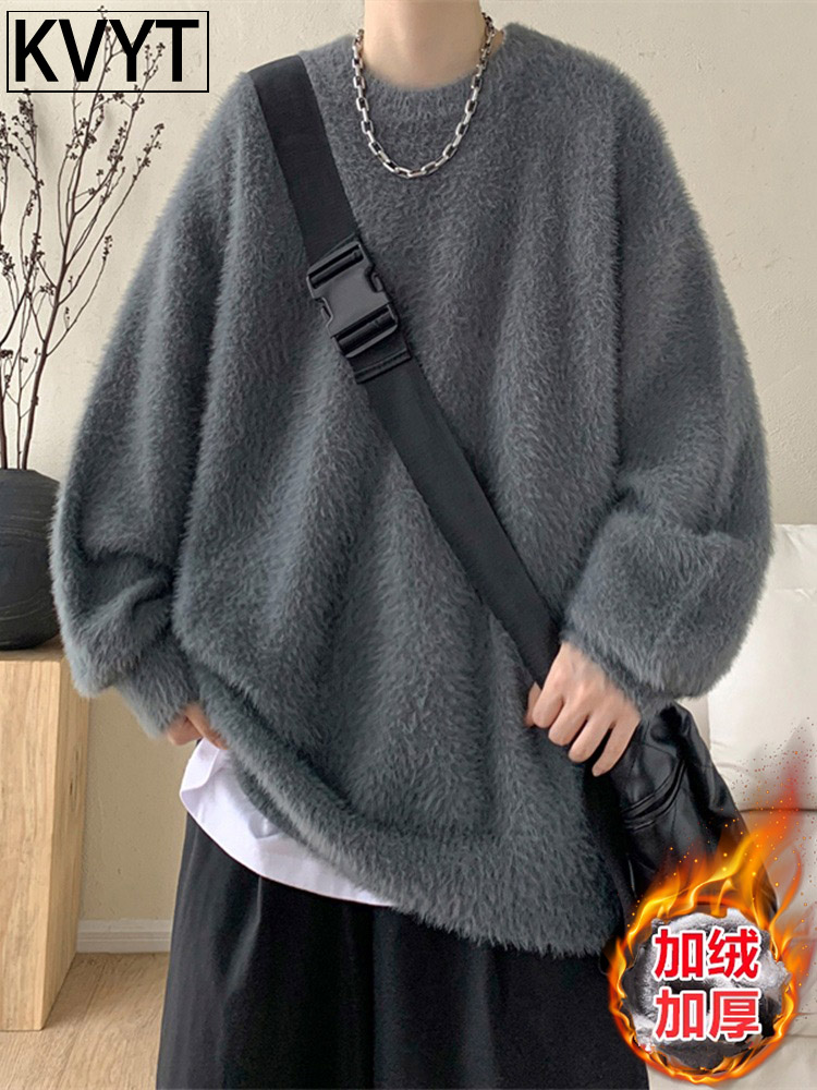 高端水貂绒圆领毛衣男冬季2025新款高级感加厚保暖男装针织打底衫