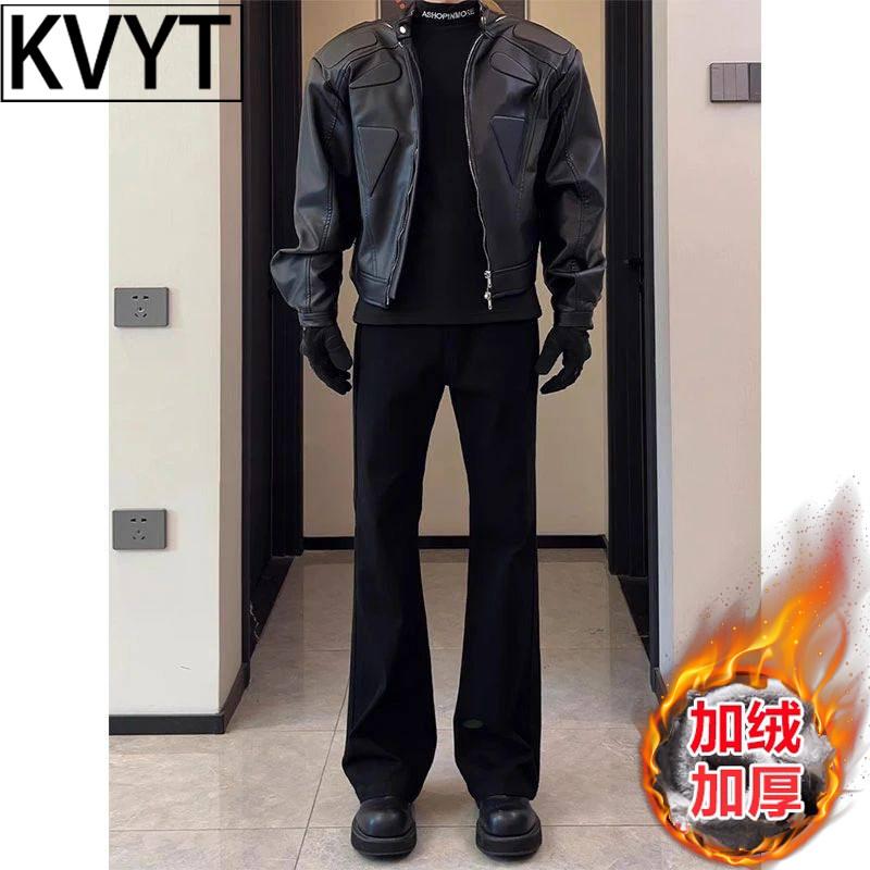 潮牌黑色西裤男款冬季加绒弯刀裤2026新款高级感修身直筒显瘦男裤