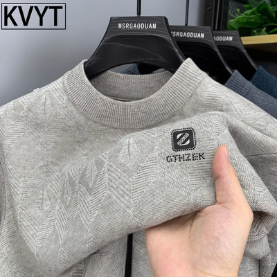 一体绒圆领毛衣男款高端外穿轻奢男装上衣冬季加绒加厚针织衫男士