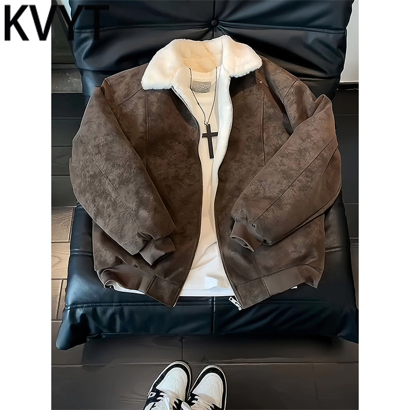 潮牌美拉德pu皮工装夹克外套男冬季羊羔绒加绒加厚防寒保暖棉服潮