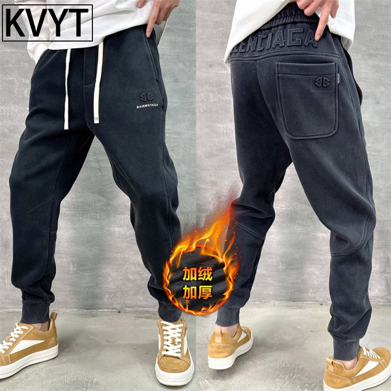 潮牌网红卫裤男款冬季2025新款加绒加厚小脚裤男款痞帅束脚哈伦裤