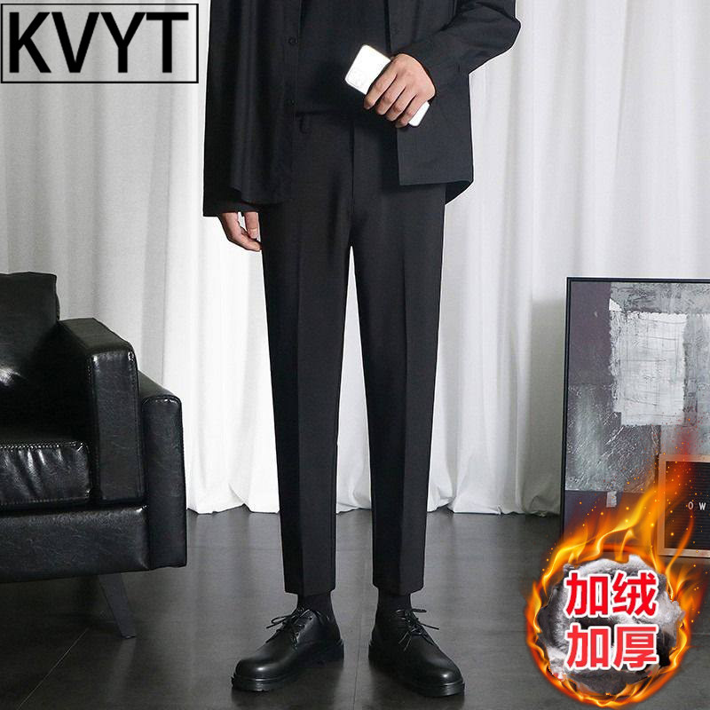 高端男士黑色西裤冬季加绒裤子2026新款修身直筒休闲男裤西装长裤