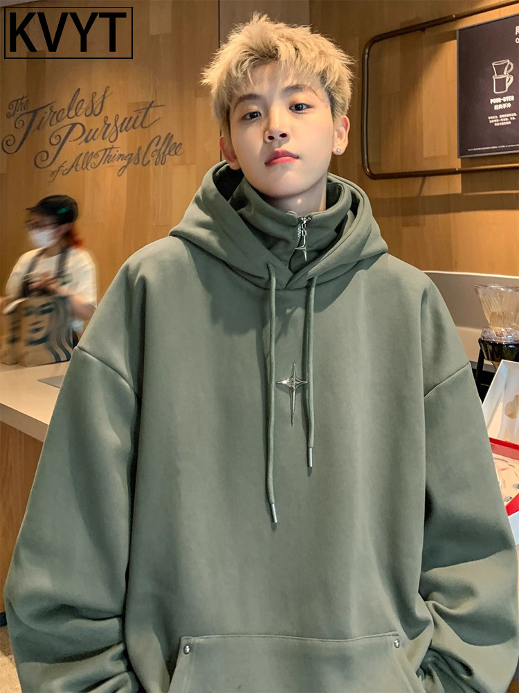 假两件卫衣男冬款潮牌重磅连帽半拉炼上衣男生秋冬季外套加绒加厚