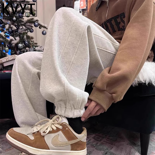 重磅花灰色卫裤男款潮牌2025秋冬季加绒加厚束脚运动裤美式休闲