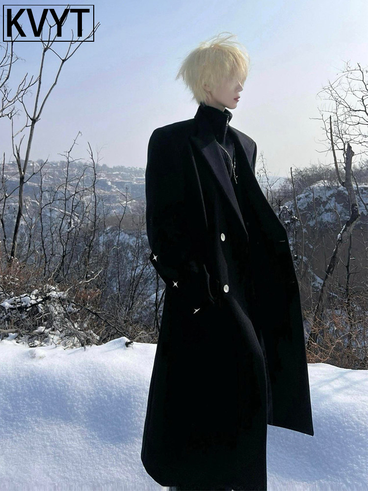 潮牌黑色男士毛呢大衣中长款风衣2025新款秋冬季高端英伦风外套男