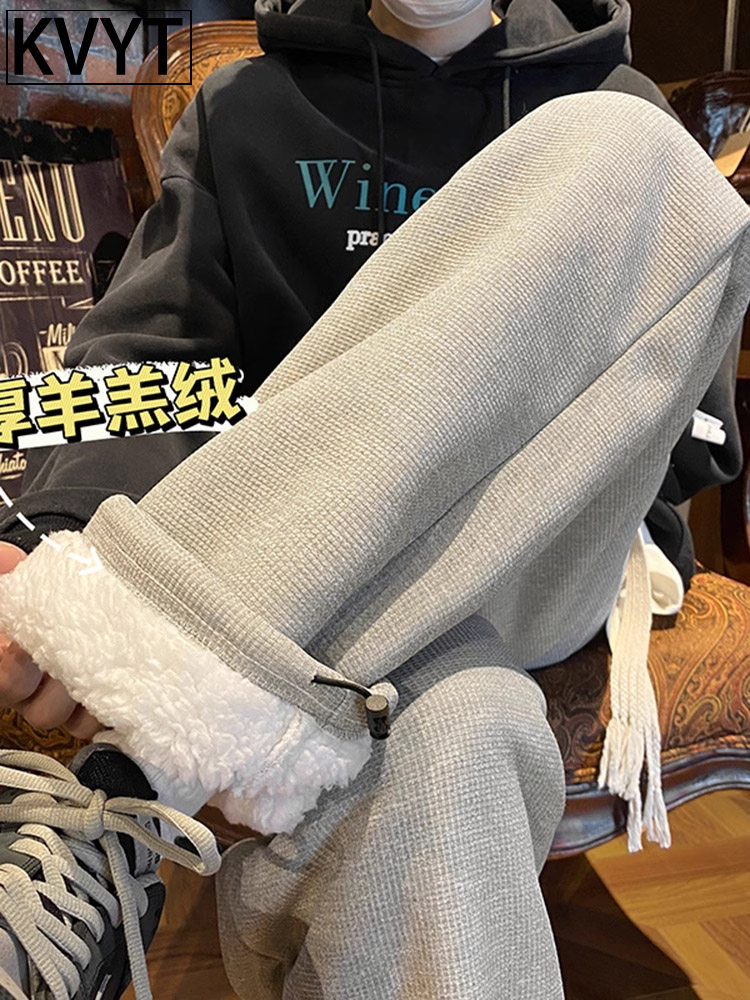 高端华夫格卫裤男款加绒加厚冬季2025年新款潮牌宽松百搭阔腿长裤,男装,休闲裤,淘宝优惠券,粉丝福利购,淘宝优惠卷