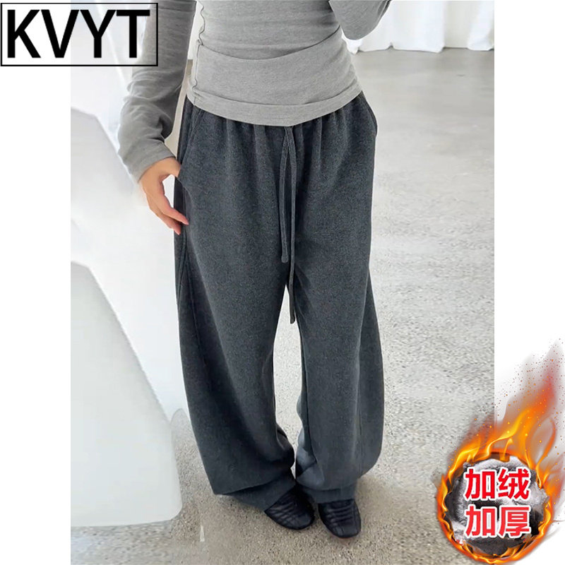 潮牌美式重磅加绒弯刀裤男士2026年冬季新款卫裤男宽松直筒运动裤