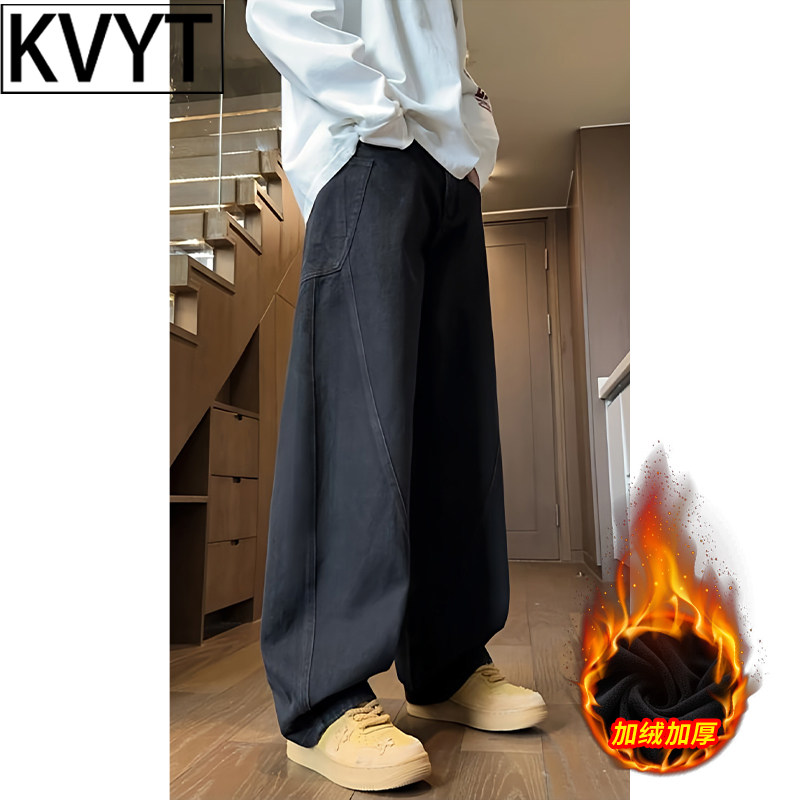 高级感男士弯刀牛仔裤2026年冬季新款美式直筒加绒休闲裤男款裤子