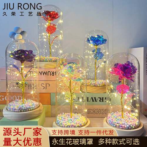 永生花玻璃灯罩玫瑰花成品创意摆件生日送女朋友七夕情人节小礼物