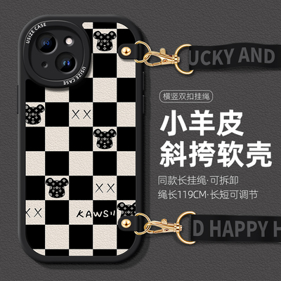 适用苹果15挂绳手机壳女款12时尚iphone14暴力熊保护套8全包磨砂6s斜挎xsmax挂脖7防摔plus硅胶13pro潮牌软壳