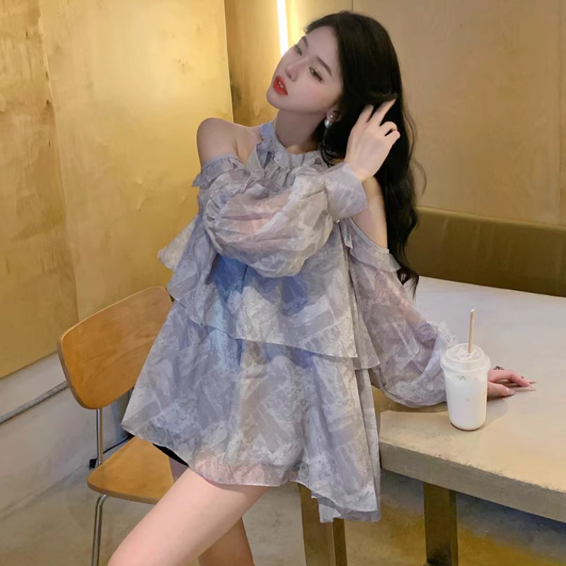 气质仙仙木耳边露肩灰色衬衫春夏