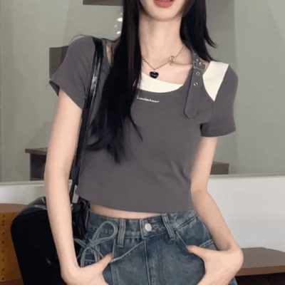 纯欲拼接假两件短袖T恤夏季上衣
