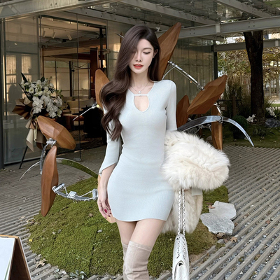 法式纯欲名媛收腰修身针织连衣裙