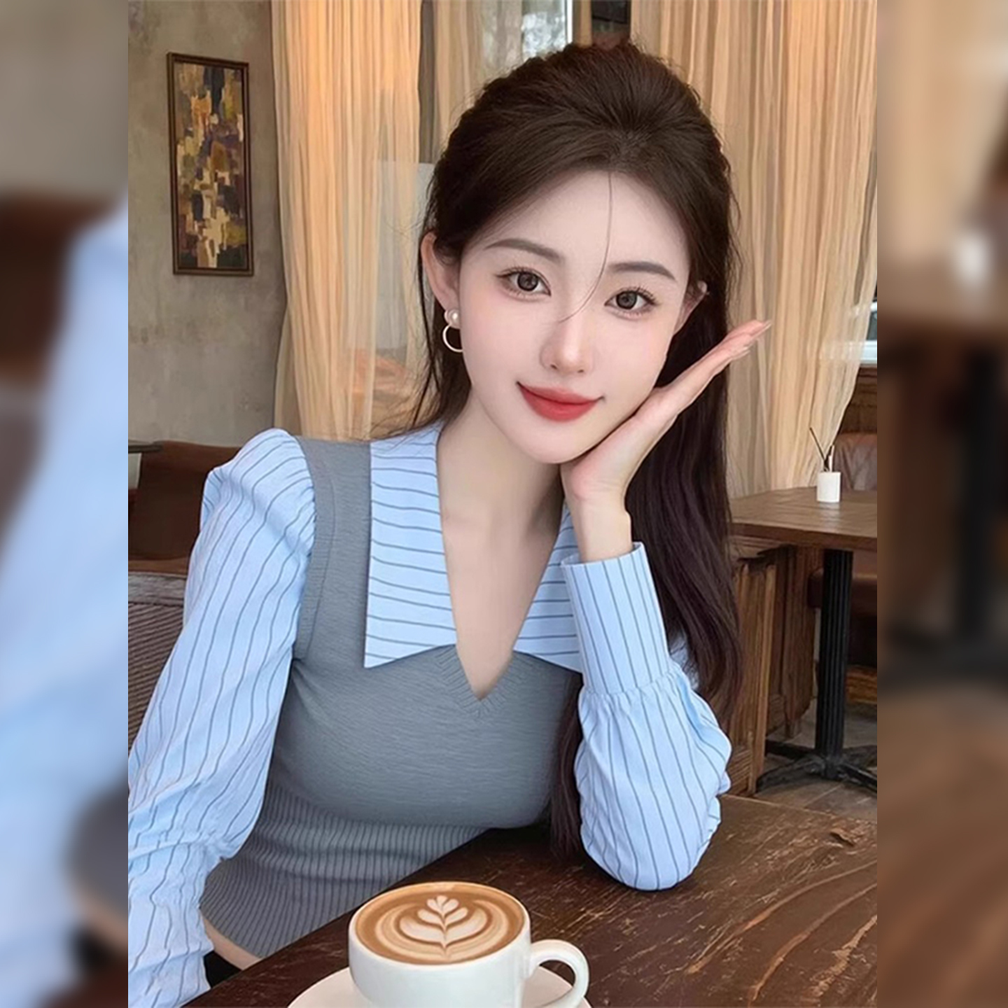 纯欲甜辣妹马甲拼接条纹短款衬衫