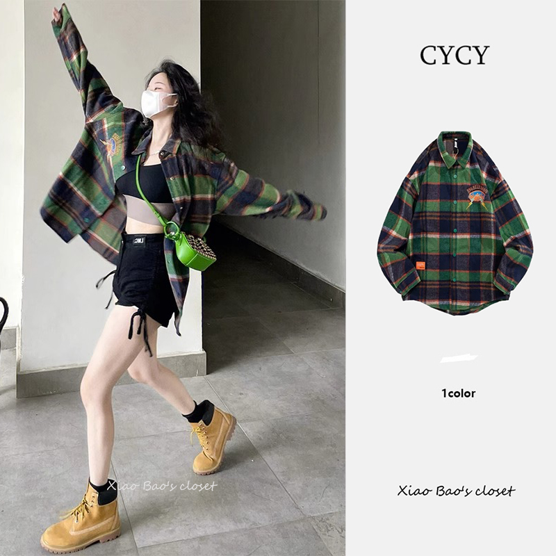 绿色格子长袖衬衫女秋冬叠穿外套