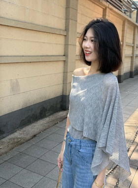 灰色斜肩微透斗篷薄款针织衫女夏季高级感轻薄透气假两件防晒上衣