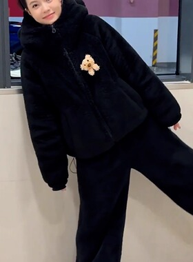 加绒加厚连帽家居服可爱小熊冬季珊瑚绒法兰绒保暖休闲黑色睡衣女