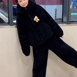 加绒加厚连帽家居服可爱小熊冬季珊瑚绒法兰绒保暖休闲黑色睡衣女