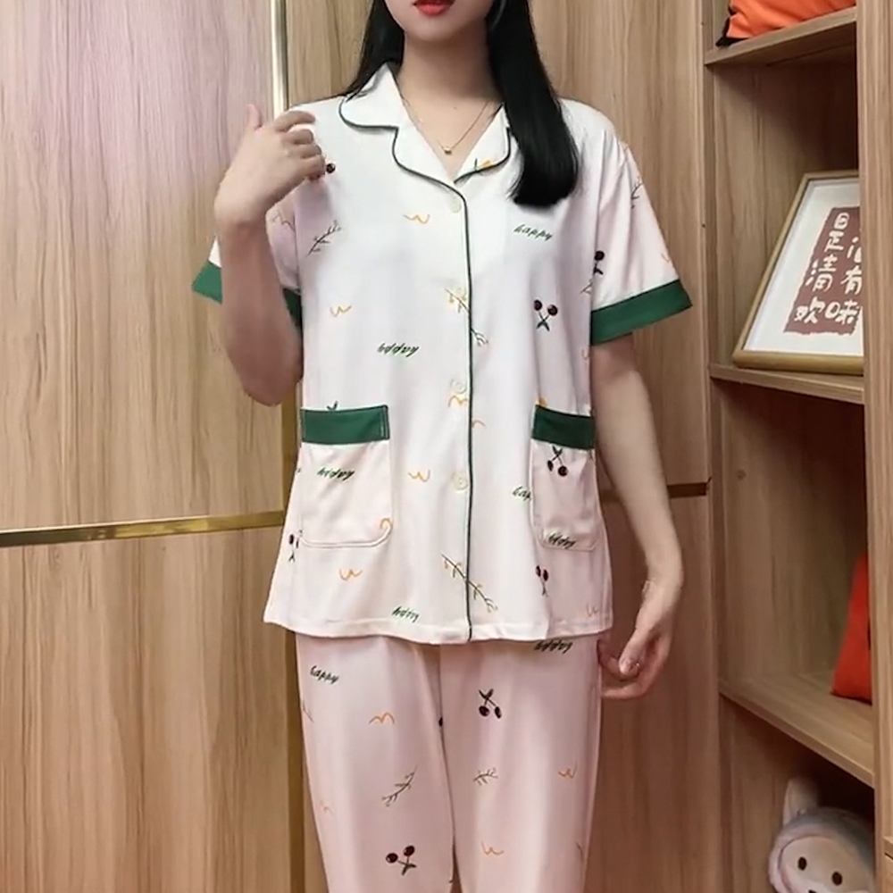 樱桃简约宽松短袖睡衣三件套