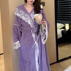 轻奢珊瑚绒加厚性感长款睡袍女款2024秋冬季新款紫色法兰绒家居服