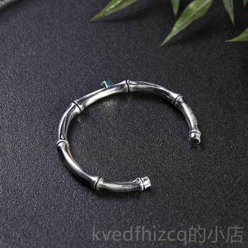 新款侣银手镯女复古中国风做9旧实心知足乐平安竹99纯银情手常镯