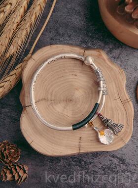 新款银手镯女99纯银复古心流风古法宫铃实吊坠民族风古推拉苏拢银