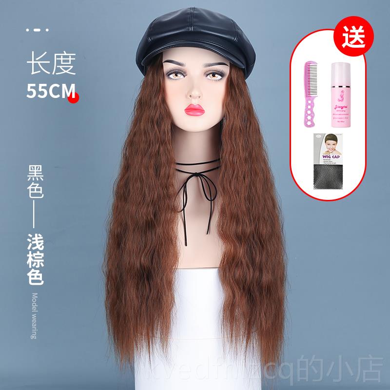 新款网红P贝U款帽假发一体皮海军帽子八角雷帽女时尚秋冬中长卷发