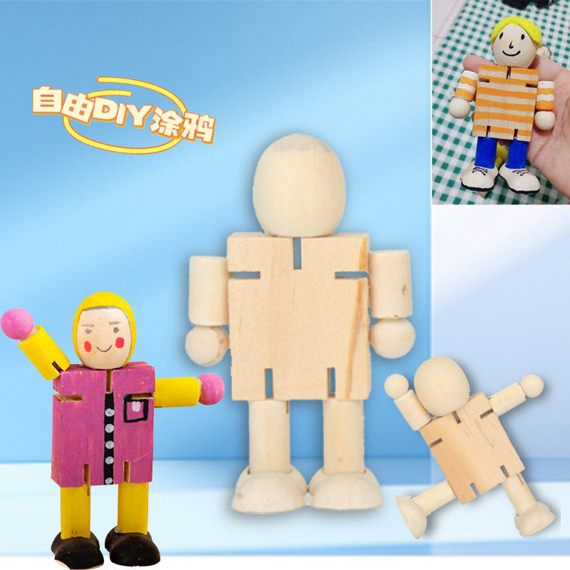 跨境幼儿园DIY手彩绘白胚小木人 木质人偶卡通大小型摆件可涂鸦
