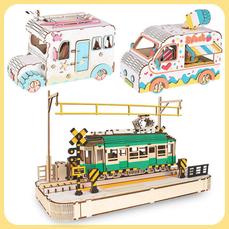 有轨电车木制3d立体拼图儿童创意手工制作汽车模型益智玩具,玩具/童车/益智/积木/模型,拼图/拼板,淘宝优惠券,粉丝福利购,淘宝优惠卷