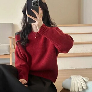 慵懒风圆领简约纯色毛衣女宽松2025秋冬韩版休闲百搭套头针织长袖