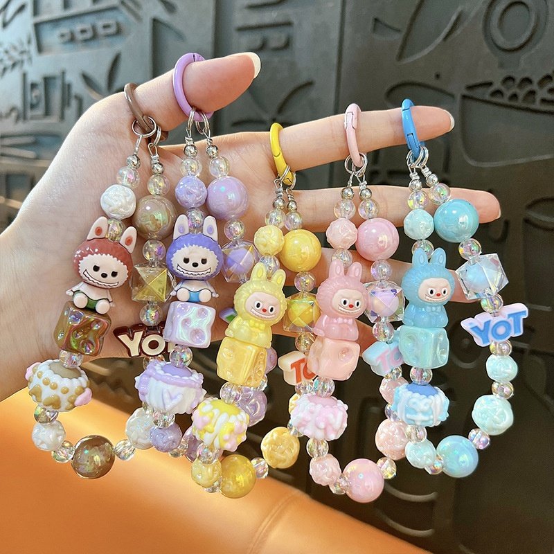 创意小兔子串珠手机链钥匙扣可爱包包挂件手机壳配饰情侣礼品批发