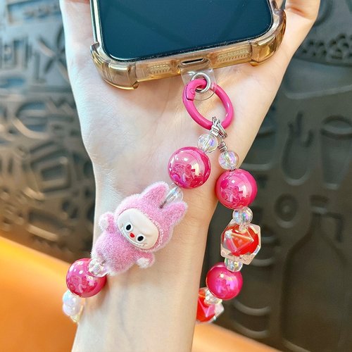 创意植绒小兔子双线串珠手机链钥匙扣可爱包包挂件汽车钥匙链批发
