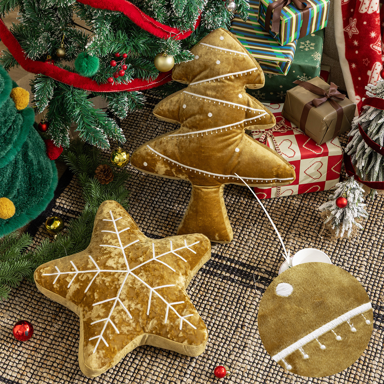 新款2025金色圣诞节日装饰抱枕氛围摆件拐杖糖圣诞树靠垫客厅枕套