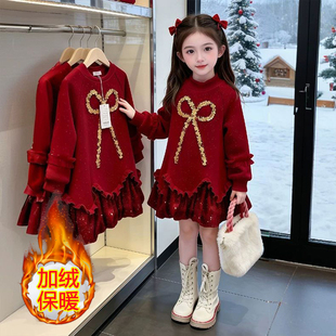 冬款蝴蝶结新款红色亮片蝴蝶结连衣裙秋冬季女童拜年服新中式儿童