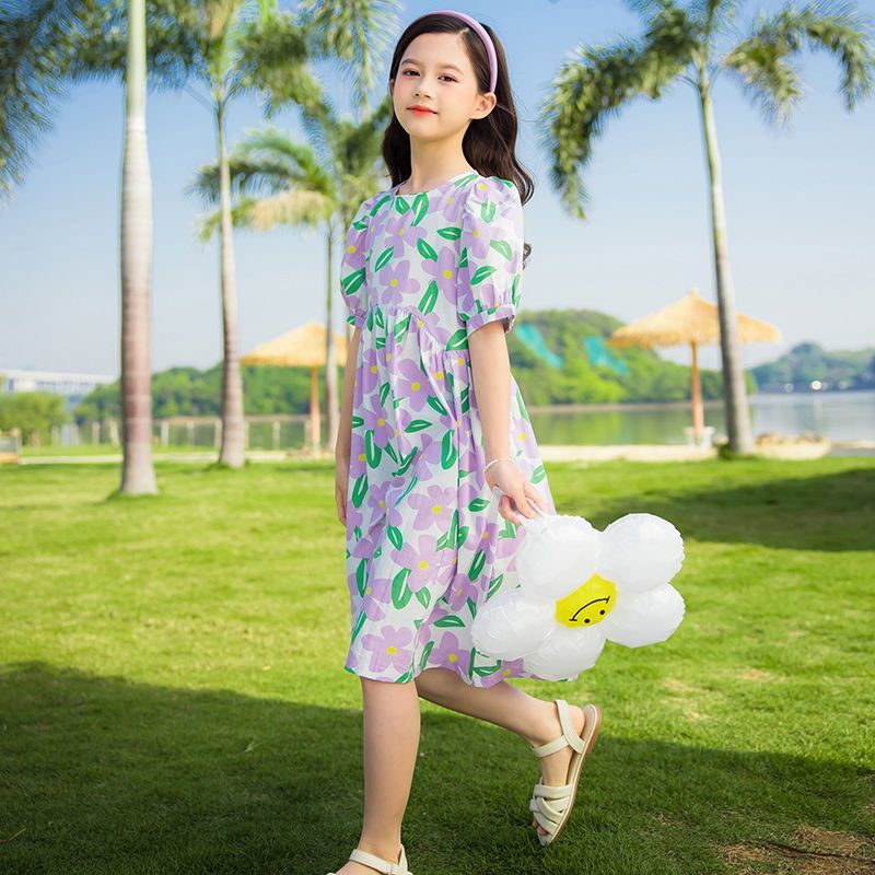 洋气女童简约时髦休闲公主裙新款韩版时尚儿童文艺风短袖碎花裙子