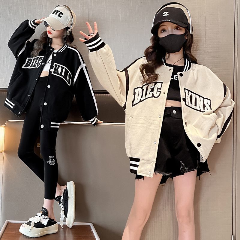 韩版简约女童运动风长袖上衣时尚儿童网红时髦百搭休闲棒球服外套