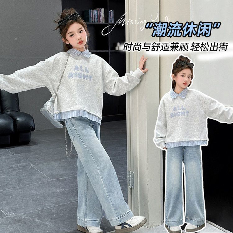 女童撞色翻领卫衣时尚春秋款森系儿童洋气时髦上衣中大童女打底衫