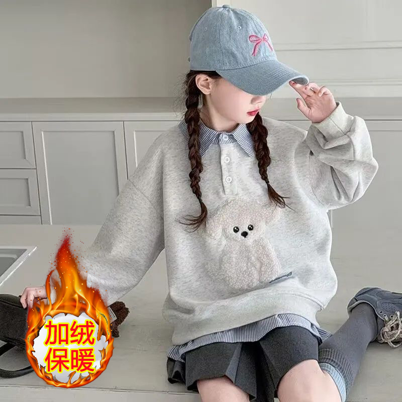 女童加绒卫衣秋冬新款中大童休闲套头衫儿童圆领宽松上衣假两件潮