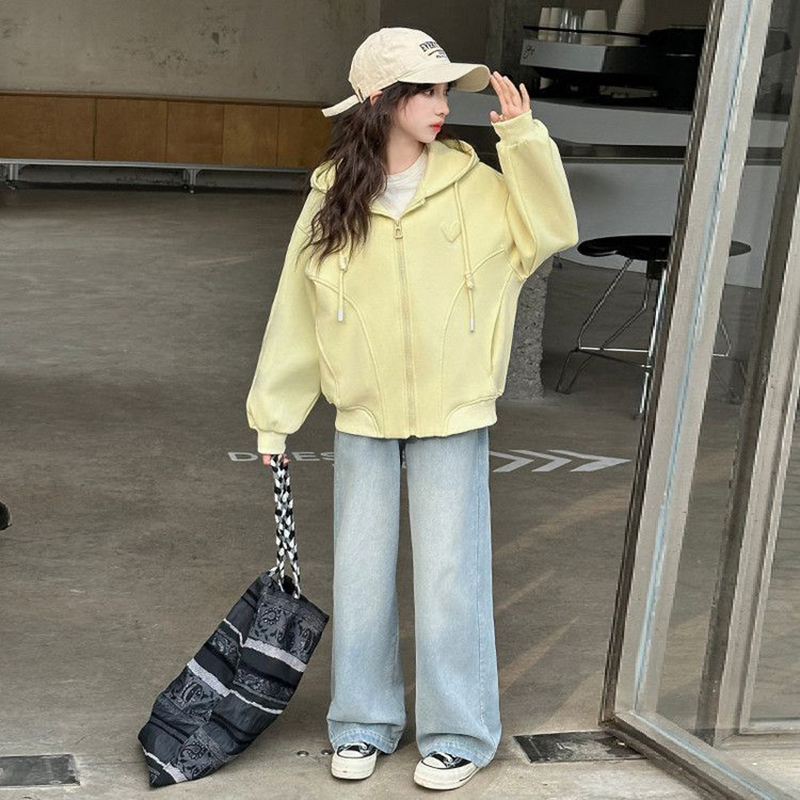 儿童连帽时尚百搭宽松女童外套春秋新款拉链上衣中大童休闲卫衣潮