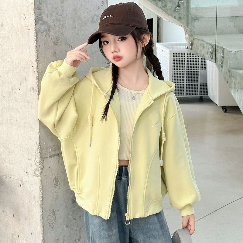 时尚百搭宽松女童外套春秋新款儿童连帽拉链卫衣中大童休闲上衣潮
